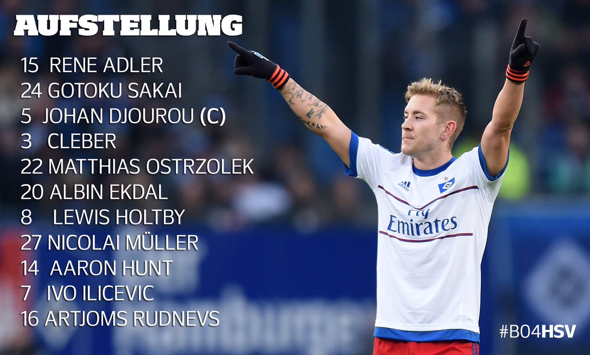 HSV's tweet photo. Unsere Start11 gegen die Werkself!
Auf der Bank:
Drobny, Diekmeier, Bahoui, Drmic, Lasogga, Jung und Kacar. https://t.co/zjiDWSUq1w