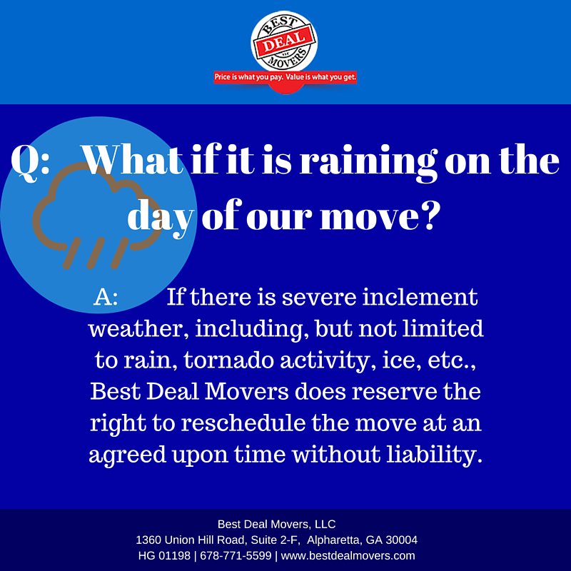 BestDeal_Movers's tweet image. Raining on the day of your move? What should you do? Get answers to your #MovingFAQs here - ow.ly/Z8NRa