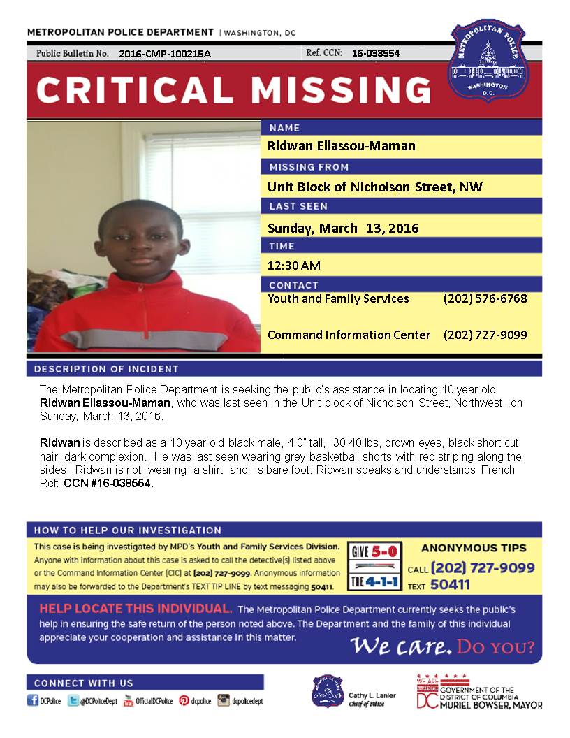 DCPoliceDept's tweet photo. Missing Person Critical 10 y/o Ridwan Eliassou-Maman 4'0" 30-40lbs brn eyes blk hair grey shorts w/ red stripe https://t.co/CPQ7r8F1fh