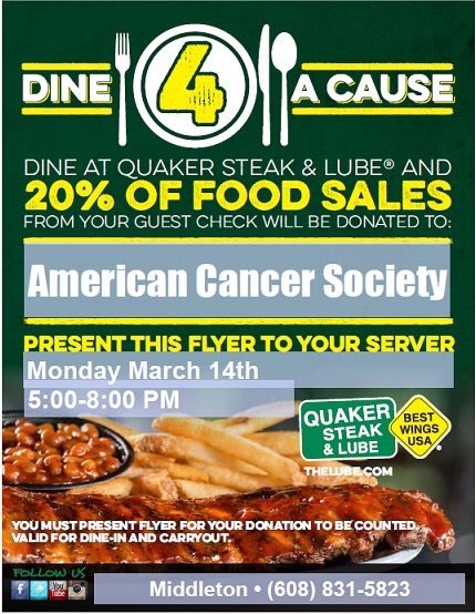 MrsBrummTeaches's tweet photo. Love food? Hate cancer? Join us on Monday to support the MHS relay for life by eating at Quaker Steak! https://t.co/QEWeNzMAcc