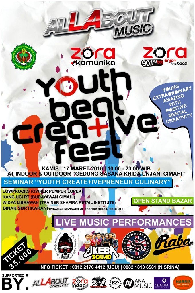 indieairmedia's tweet photo. Ramaikan!#YOUTHBEATCREATIVEFEST @zoraradio @siriyai_music @ScimmiaSka @ukeba_ @RABA_OFFICIAL 17/3/16 @wclgarut https://t.co/ixTecfhGKB