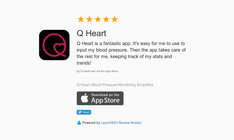 5 Star Review: "Q Heart: Q Heart is a fantastic app. It's easy for me to use to input my b…" launchkit.io/reviews/ZmBqUq…
