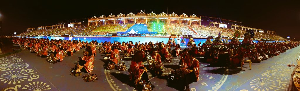A stage view of the massive ensemble dance "Cosmic Rhythm" by 4600 dancers at @WCF2016 #WCFDay3