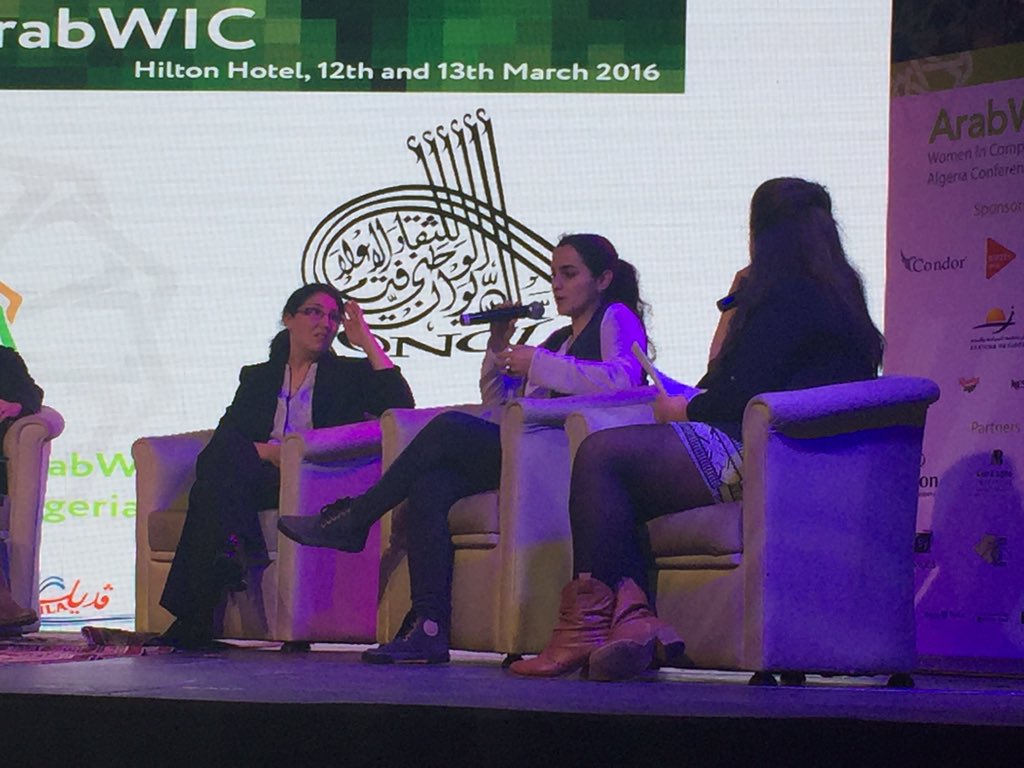 soumow's tweet photo. "It's fine to say your opinion and be confident about it" @__racha on the Panel on #ArabWic conference #wicac16 https://t.co/lnWPXVcAYu