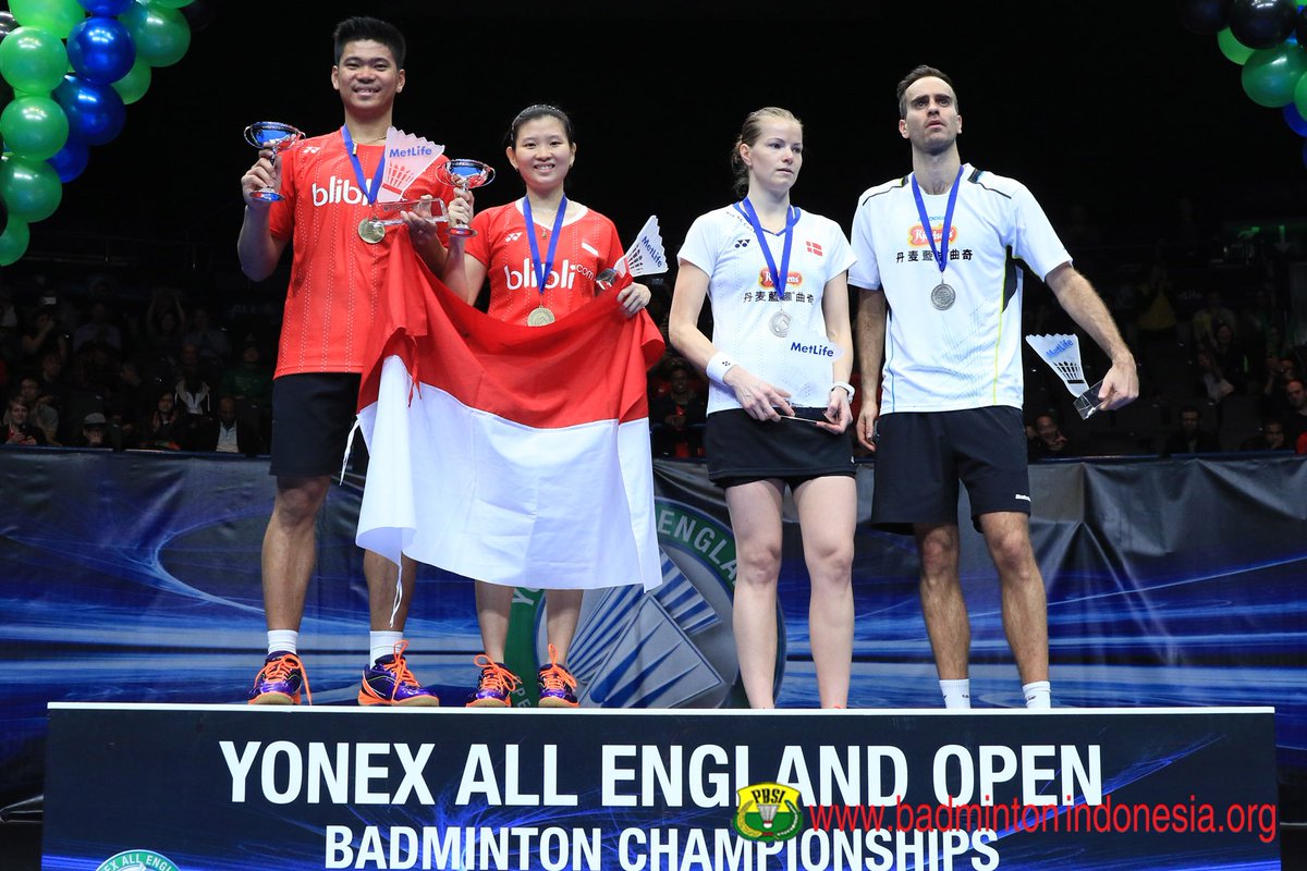 INABadminton's tweet photo. Praveen Jordan, Debby Susanto, Christinna Pedersen, Joachim Fischer Nielsen di podium  #AllEnglandSSP https://t.co/6MmkWre4Mo