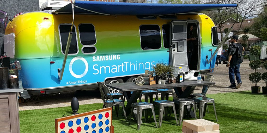 SamsungUS's tweet image. We&apos;re back at it at #SXSW today! Our #SmartThings Airstream is decked out &amp;amp; ready for visitors. Come say hello!