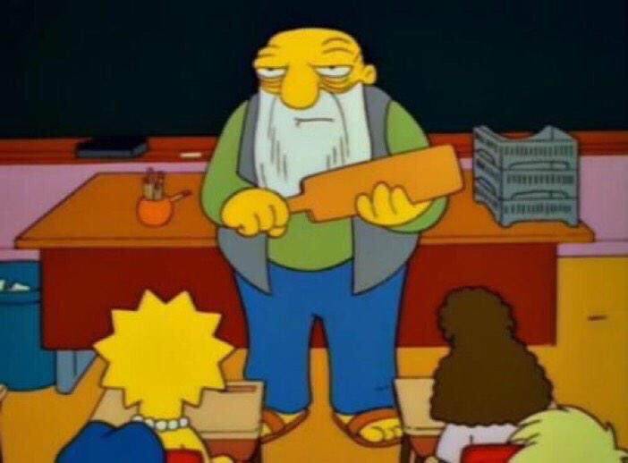 Simpsons_tweets's tweet photo. Starin' at my sandals, that's a paddlin. Paddlin the school canoe, oh you better believe that's a paddlin. https://t.co/H1Z3nog2YO