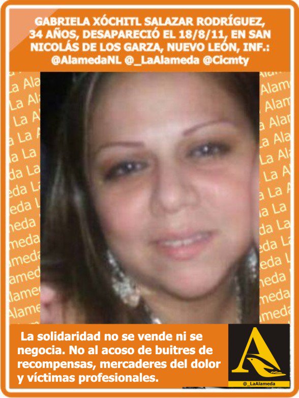 _LaAlameda's tweet photo. #TeBuscamos Gabriela Xóchitl Salazar Rgz, 34 años,18/8/11 #SanNicolásdelosGarza #NuevoLeón #Monterrey @Cicmty https://t.co/68qobAzwq3