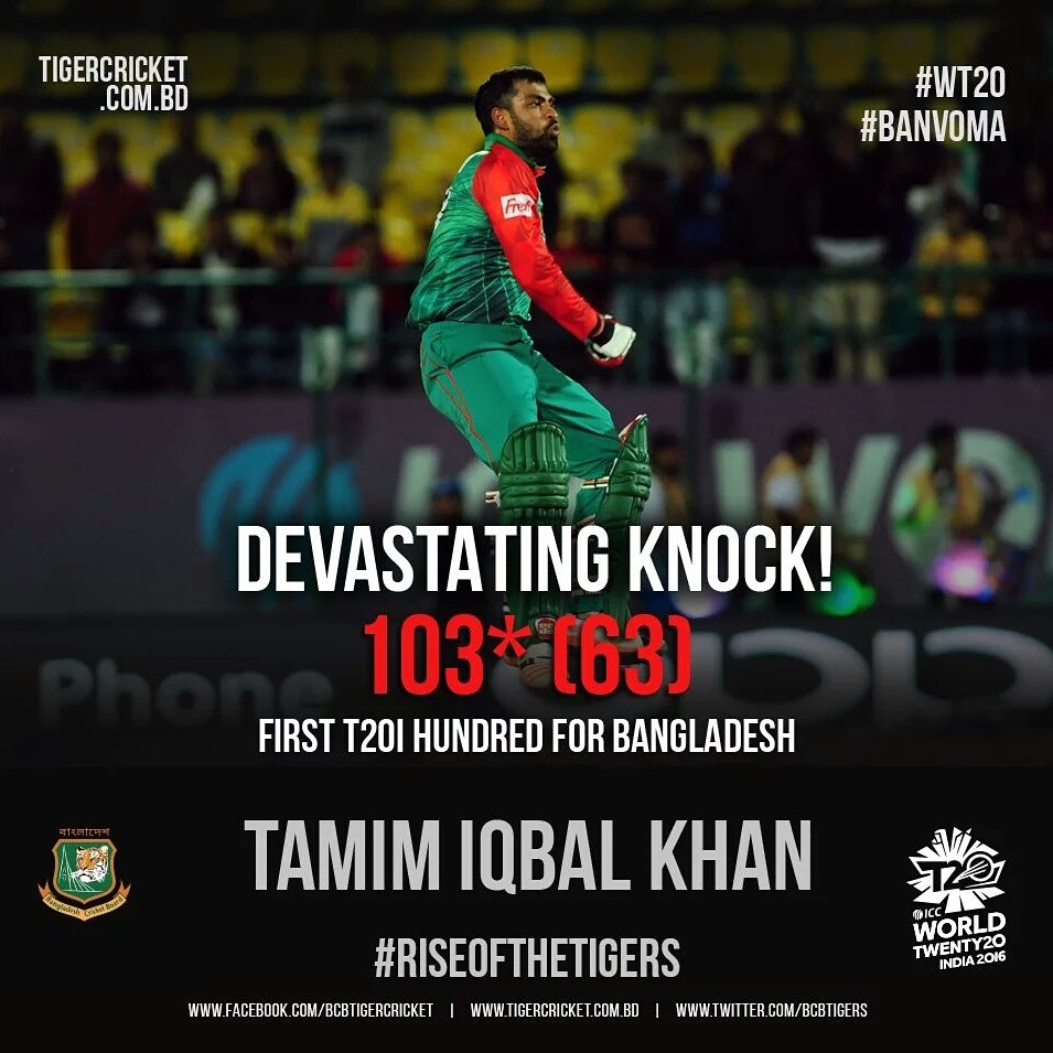 RJSelimRana's tweet photo. A devastating knock from as he carried his bat a second time in @ICC #WT20 2016.
#DashingTamim https://t.co/JMhHx7lcvb
