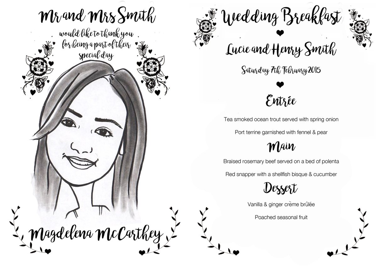 SayHelloPaper's tweet image. Our unique 3in1 #stationery combines your #wedding favour, place setting and #menu in one. #portrait #caricature