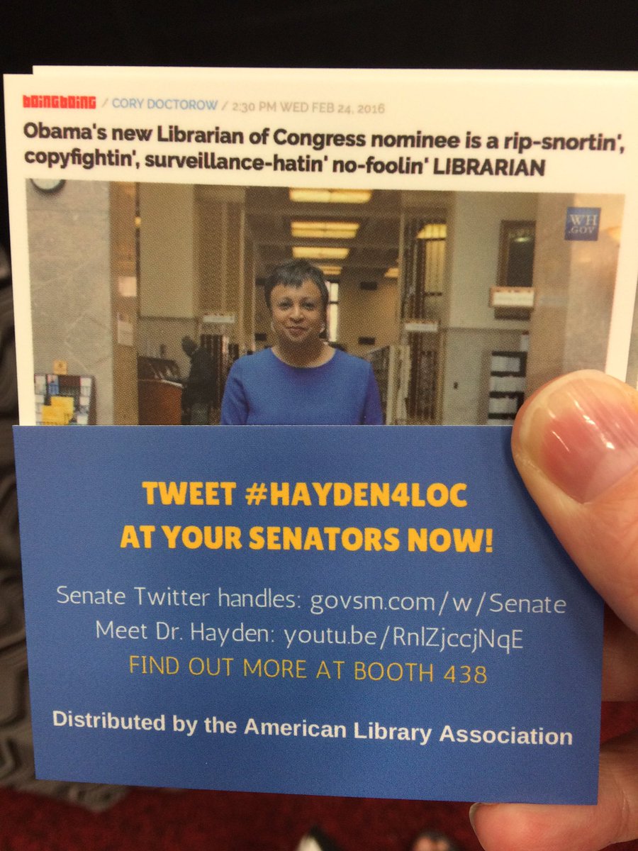 Citybrarian's tweet image. The #liblove booth has been spreading the word about Obama&apos;s nom for Librarian of Congress. She&apos;s a kickass lady!