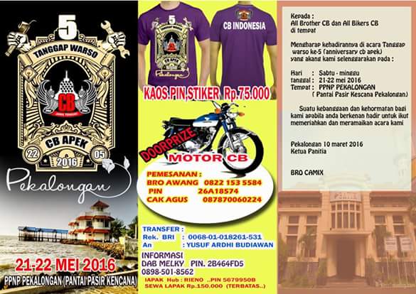 21-22 mei 2016
5th Anniversary
CB APEK  
Wisata Bahari PPN Pekalonan