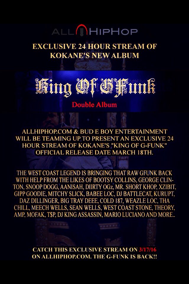 Kokaneofficial's tweet photo. LIVE STREAMING of KOKANE's #KingOfGfunk album 3/17 on @allhiphopcom
MAD LUV TO #allhiphop &amp; #TimSanchez SALUTE!!! https://t.co/seue1WvDBD