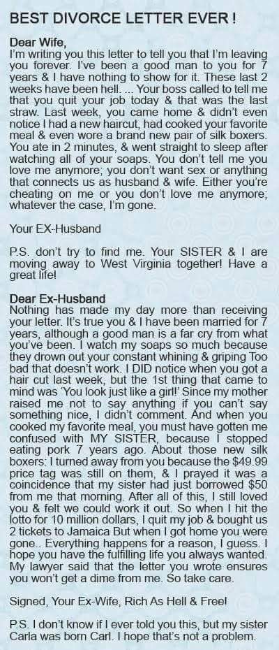 09MRSHAYES09's tweet photo. This is by far the funniest thing I've ever read!
#funny 
#bestdivorceever
#SundayFunday https://t.co/c6hnINfYAJ