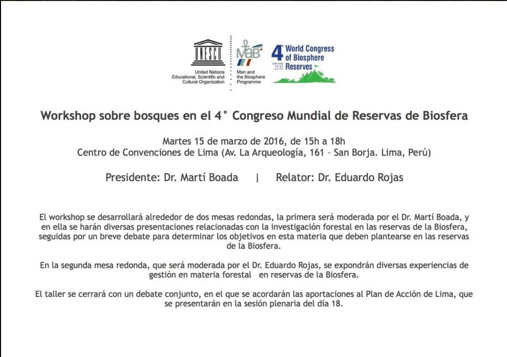 ICTA_UAB's tweet photo. Martes 15/3 15h, @MartiBoada preside Workshop sobre bosques 4°Congreso Mundial de Reservas de Biosfera #Lima #4WCBR https://t.co/oOsuOvorxU