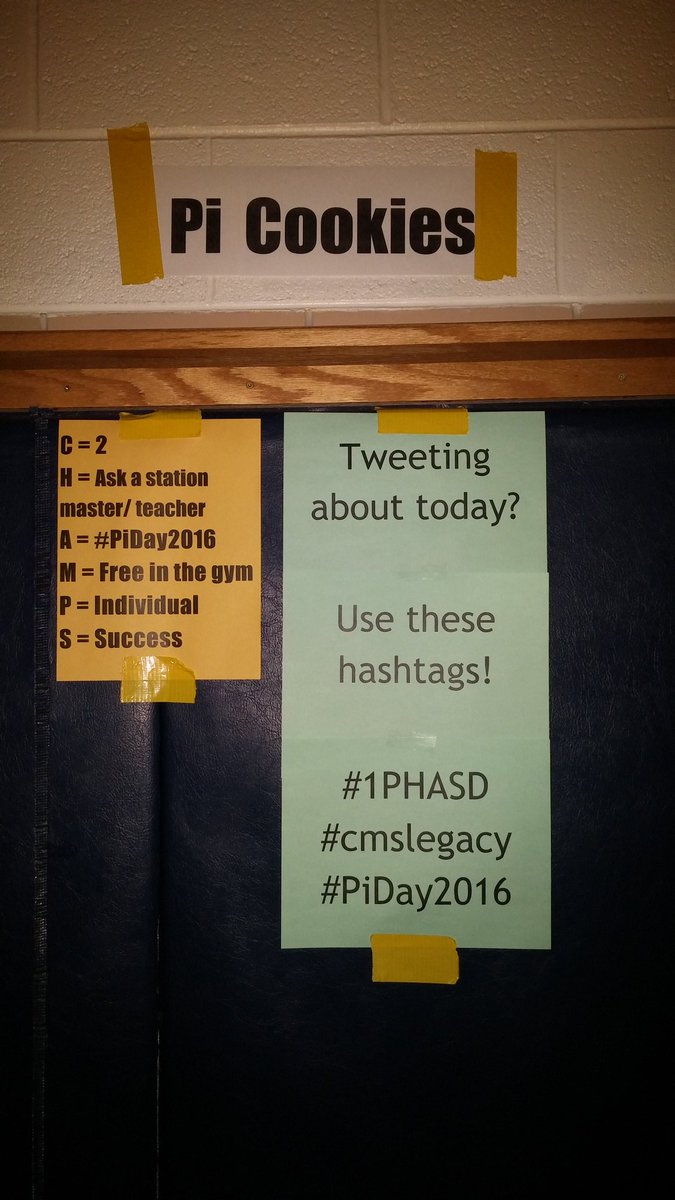 MsBrown_CMS's tweet photo. Posting signs for Pi Day stations. Getting excited! #1PHASD #cmslegacy #PiDay2016 https://t.co/54PmXSHwv4