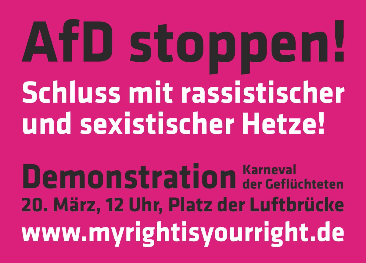 #AfD stoppen! Zum Globalen Tag gegen #Rassismus auf die Straße! #MyRightIsYourRight! 20.3.12 Uhr #NoAfD #wahlen2016