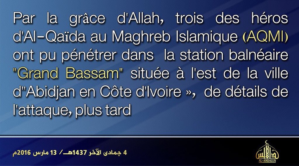 _DavidThomson's tweet photo. Communiqué de revendication d'#AQMI pour l'attentat de #GrandBassam en Côte d'Ivoire (VF) https://t.co/FuqC0ViS2f