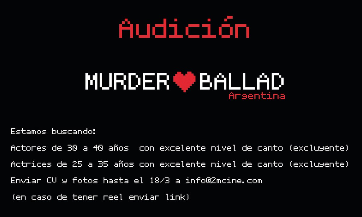 AUDICIONES 
Murder Ballad una obra del Off Broadway 
<a href="/juanalvarezprad/">Juan alvarez prado</a>