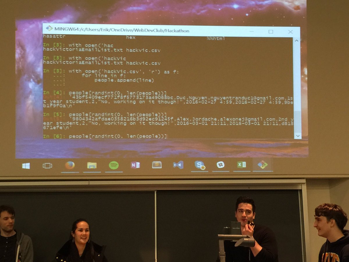 nvaliduser's tweet photo. #hackvictoria @IBMCloudCA. Nothing like coding live on the big screen in front of an audience! https://t.co/jFJLIiA1Je