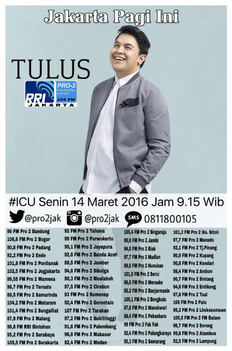GeaDebora's tweet photo. Simak Tulus @Pro2Jak relay @Pro2jember  jam 9.15 wib on 89.5 Mhz cc: @KabJember #TulusDiPro2FM https://t.co/ciLHoS5go4