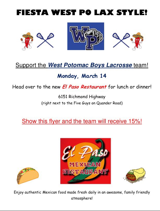 Everyone go to El Paso tomorrow night and support Boy's Lacrosse. Make sure you show this flyer