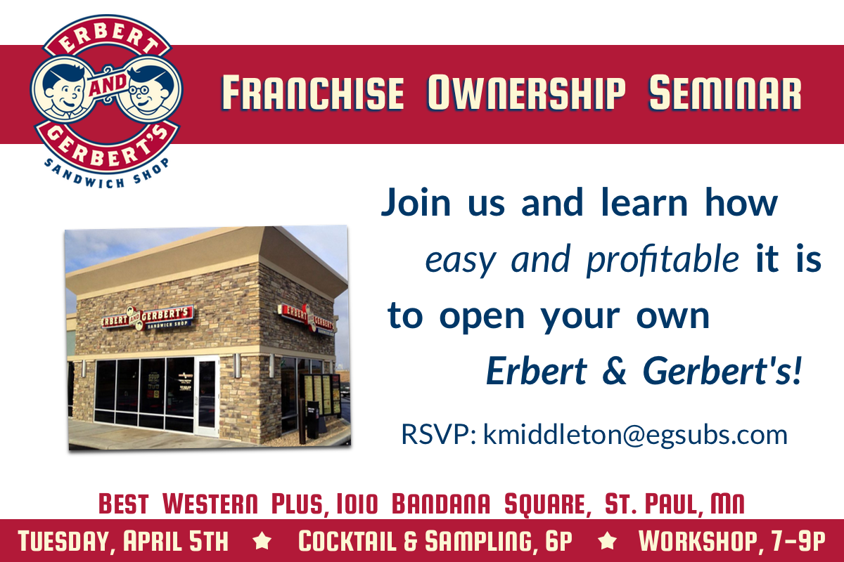 EG_Franchising's tweet photo. You're Invited: Erbert &amp; Gerbert's Franchise Seminar-Minneapolis/St.Paul area. RSVP here:  https://t.co/XXnT0BVPao https://t.co/ZrBSODi7bb