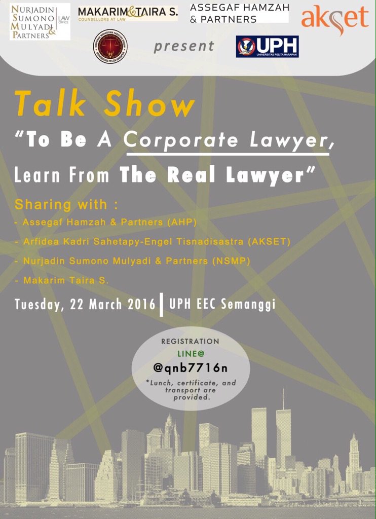 Come and Join Us!
HMFH UPH presents : TALK SHOW "To Be A Corporate Lawyer, Learn From.... tmi.me/1fcTah