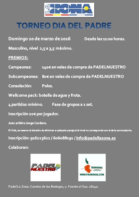 padellazona's tweet photo. En Fuente el Saz. Torneo Día del Padre.
Domingo día 20 de marzo. 11:00 hs.
Premios, sortéos, regalos. https://t.co/GY5dtkHxb2
