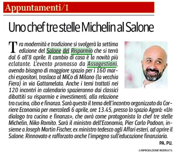 salonerisparmio's tweet photo. #Cibo e #finanza: qual è il rapporto tra questi elementi? Se ne parlerà al #SdR16 con @NikoRomito e @Corriereit https://t.co/CRGSGn9A3V