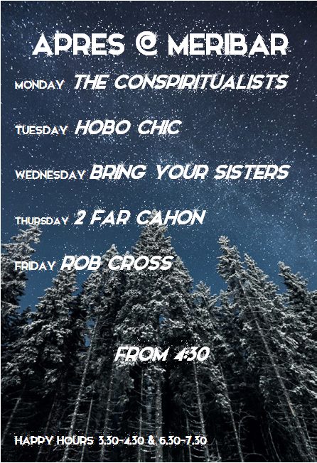 MeribarMeribel's tweet photo. #apres #ski @MeribarMeribel @conspiritualist @hobochicmusic @bringyours #twofarcajon @RobMCrossMusic https://t.co/TKCcc54oLh