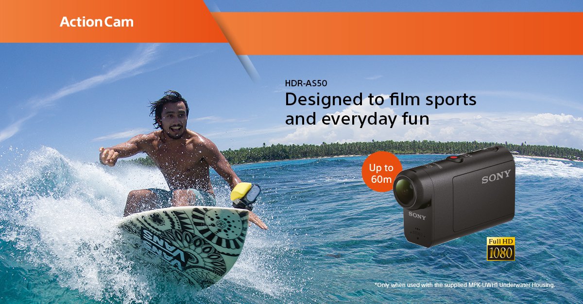 Versatile, equipped with longer battery life &amp; waterproof* for up to 60m underwater, the HDR-AS50 is built to endure