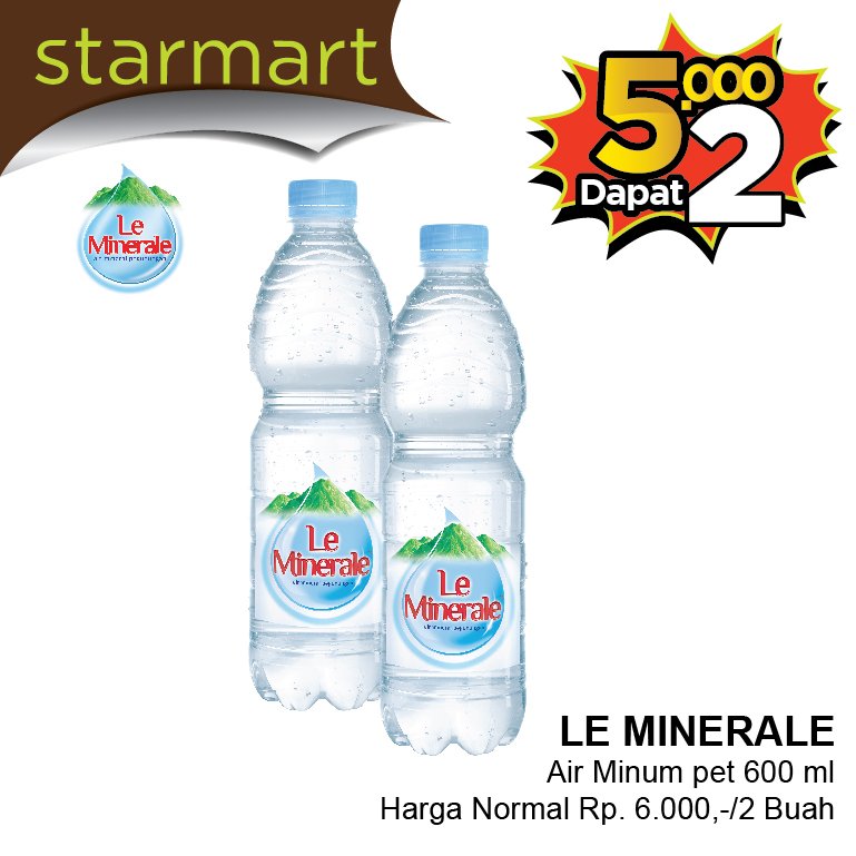 starmartID's tweet photo. Le minerale Air Minum Pet 600ml Rp 5000 dapat 2 https://t.co/X3mh9dA8Yj