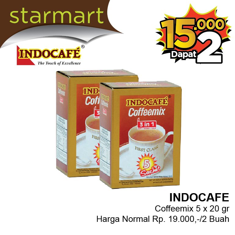 starmartID's tweet photo. Indocafe Coffeemix 5 x 20gr Rp 15.000 dapat 2 https://t.co/Qq0XuLD45e