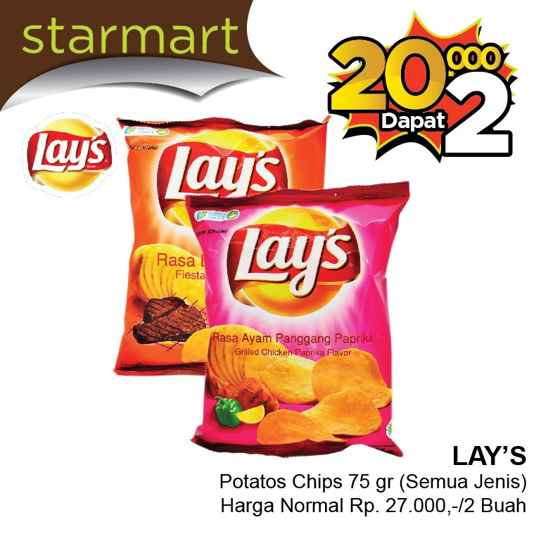 starmartID's tweet photo. Lay's Potatos Chips 75gr (semua jenis) Rp 20.000 dapat 2 https://t.co/Unyyqbo6nc