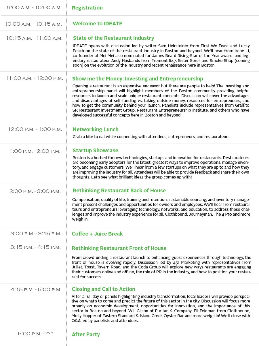 branchfood's tweet image. The schedule for #IDEATEboston is up! Check it out here: bit.ly/1TwcVpi #restaurant #innovation #tech