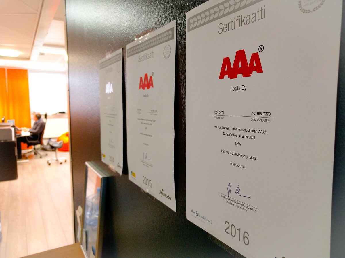Isolta on uudistanut AAA-luottoluokituksen, tästä on hyvä jatkaa. Lämmin kiitos asiakkaillemme! #AAA #luottoalöytyy