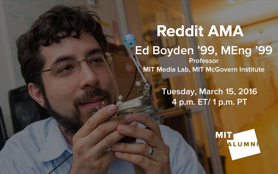 MIT_alumni's tweet photo. Want to know more about #optogentics and biological engineering? Join an AMA with @eboyden3 https://t.co/kPWdsQmGns