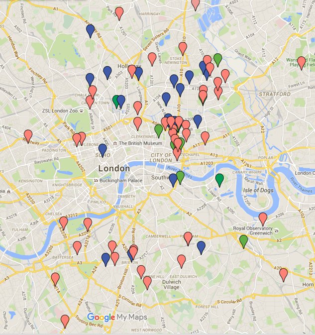 LondonPopups's tweet photo. Pop-ups in London?  There's a #map for that https://t.co/Gn7NoTClRX Green=Markets, Blue+Food in Pubs, Red=Others https://t.co/CmzHQSIRxD