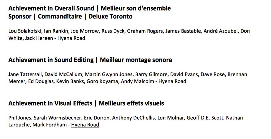 What_The_Films's tweet image. Very proud of the 3 @Academy_NET for #HyenaRoad: Overall Sound, Sound Editing and Visual Effects!  #CdnScreen16