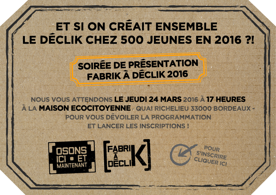 FabriKaDecliK's tweet photo. [J-10 PRESENTATION FDK 2016] Rdv le jeudi 24 mars à 17 heures @Maisoneco_bx ! +d'infos: https://t.co/ONdhRYUR0i https://t.co/M3flutl9dm