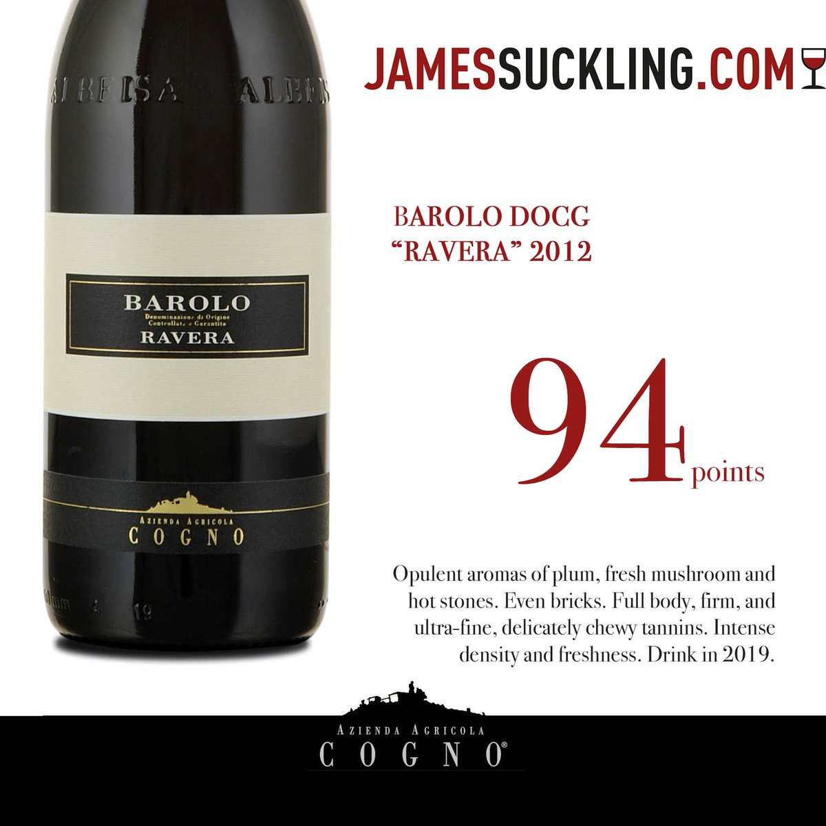 Beautiful score for our #Barolo Ravera 2012 with 94 points <a href="/JamesSuckling/">James Suckling</a>. Thanks a lot!
#elviocogno