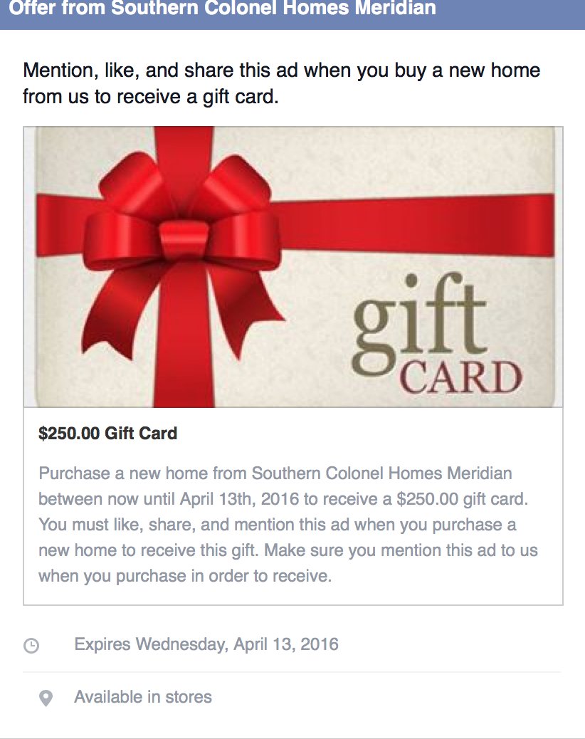 SCHMeridianMS's tweet photo. $250 gift card when purchase a new home from us from now until April 13th, 2016.  Must mention to us. #Mobilehomes https://t.co/5WblXAUKNa