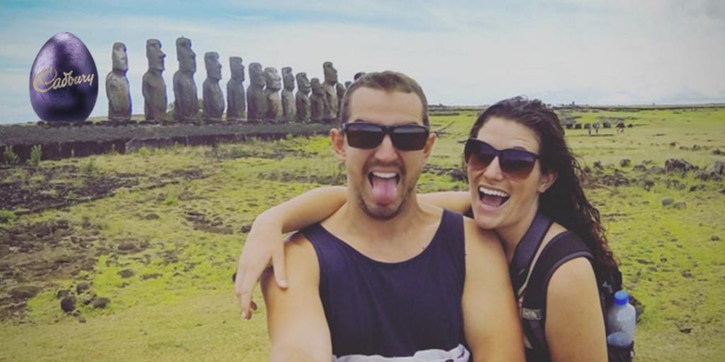CadburyUK's tweet photo. Bunny is at it again! This time an #EasterIsland selfie with @mhbphotographynz. #EggBombing #EggsEverywhere https://t.co/SZUlzCXKnK
