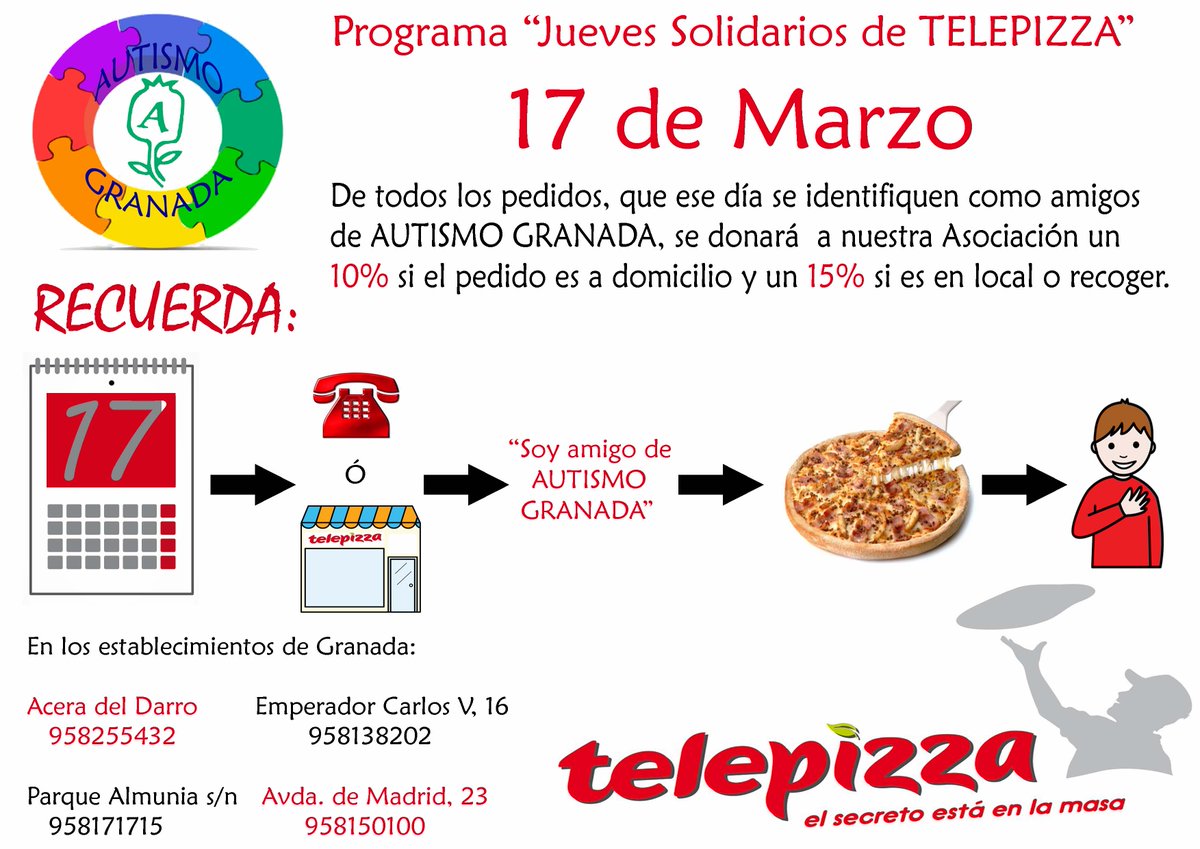 Colabora con Autismo Granada: Jueves 17 de  marzo, Jueves Solidarios de Telepizza. Pasalo.