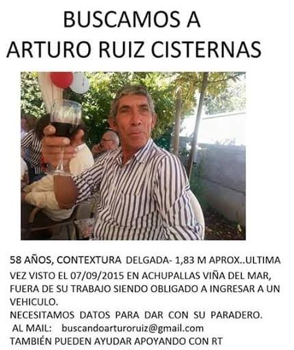 Aparece_ARuiz's tweet photo. Hacemos llamado a difundir campaña para dar con cuerpo de #ArturoRuiz Secuestrado #Viña. Favor únase @Tele13_Radio https://t.co/ou34Hz8hvt