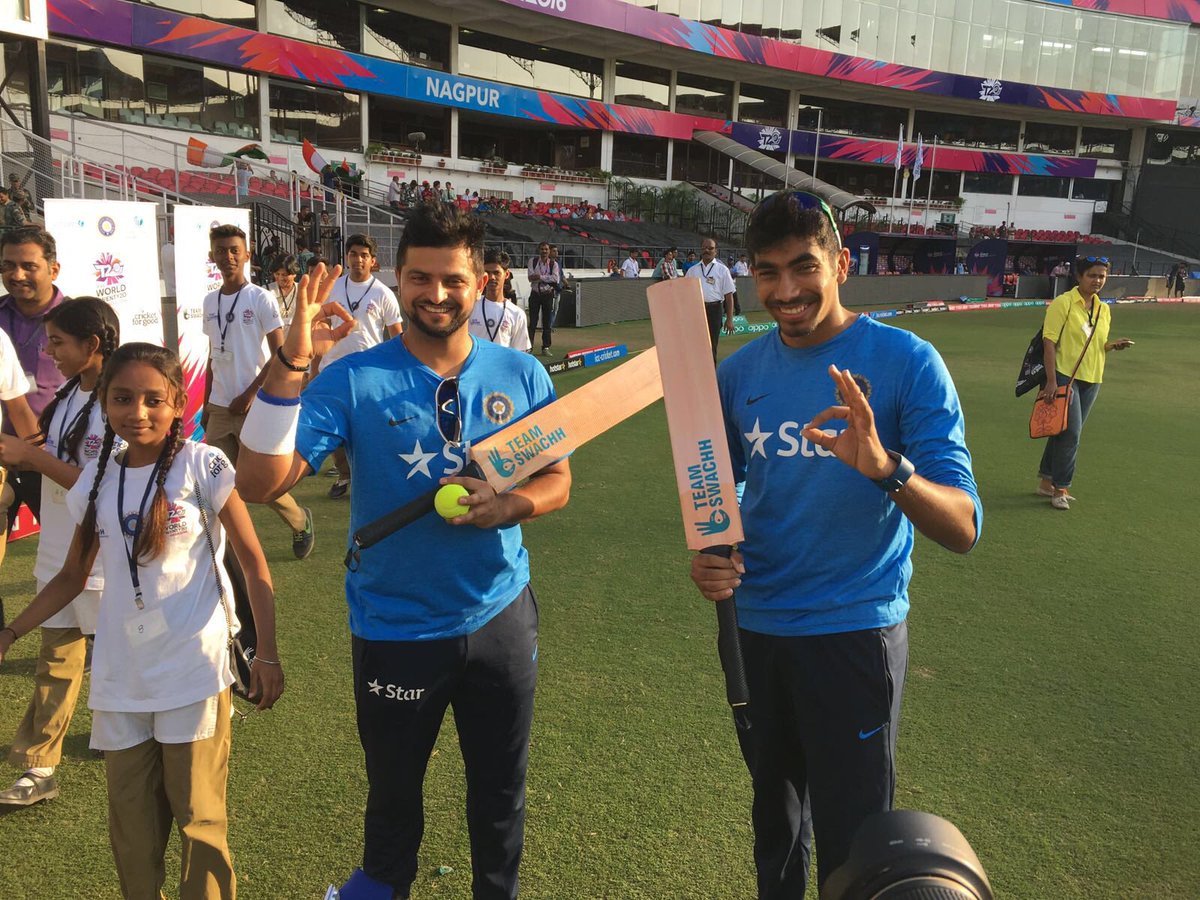 BCCI's tweet photo. #TeamIndia members @ImRaina and Bumrah bat for 'Team Swachh' at #WT20 #Ind https://t.co/bvxq4latXV