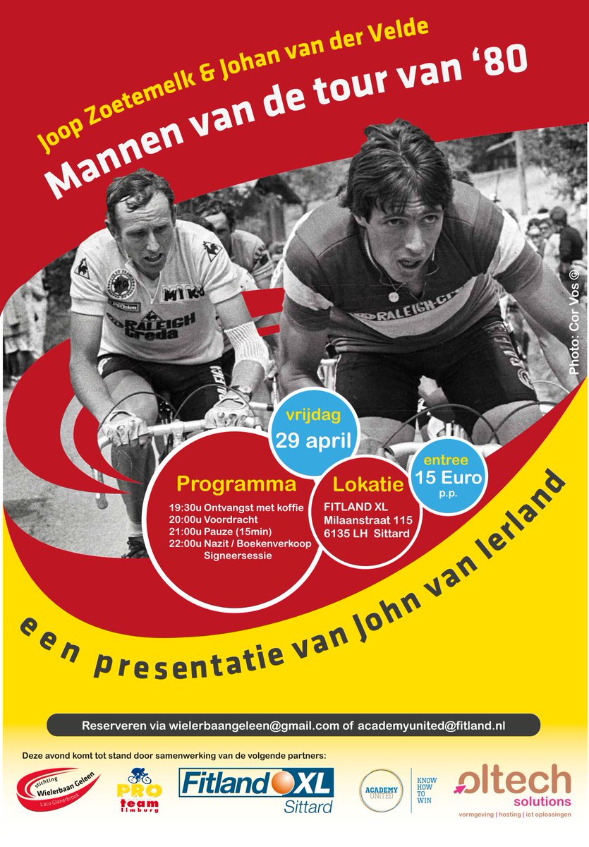 Kom ook naar deze legendarische wieleravond? Met #joopzoetemelk <a href="/johanvelde/">johan van der velde</a> en <a href="/JohnvanIerland/">John van Ierland</a> in <a href="/FitlandSittard/">Fitland XL Sittard</a>