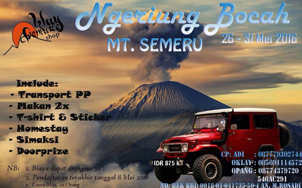 AdventureIbc's tweet photo. yuk guys ngriung bareng kita MT.SEMERU @kepakulonADV @yoensoleh @PendakiJakarta @infotrip_ https://t.co/Y4dwvOlMxY