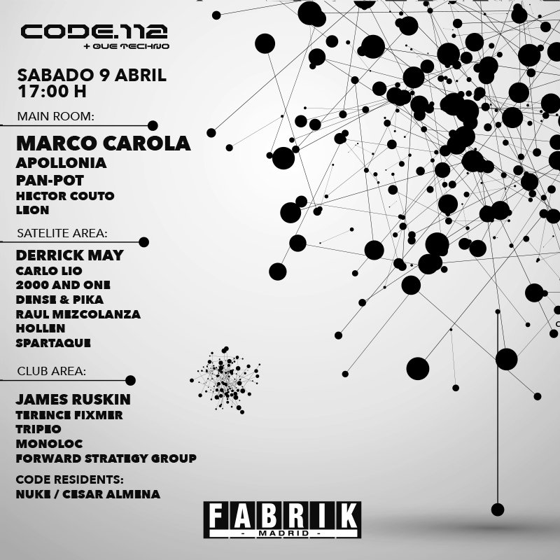 fabrikdiscoteca's tweet photo. "RT" porque el 9 de abril en FABRIK bailamos en Code 112 desde las 17:00. 3 áreas de música y música Techno !! https://t.co/73sk1WGEZ2